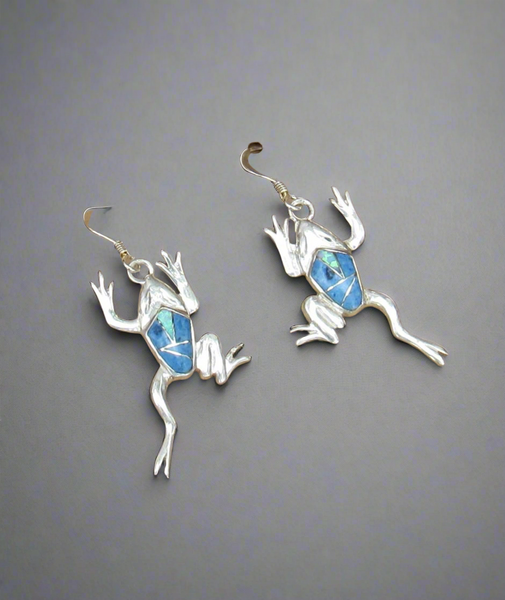 Sterling Silver Denim Lapis and Opal Inlay Frog Earrings STER042 Sterling Silver Denim Lapis and Opal Inlay Frog Earrings STER042