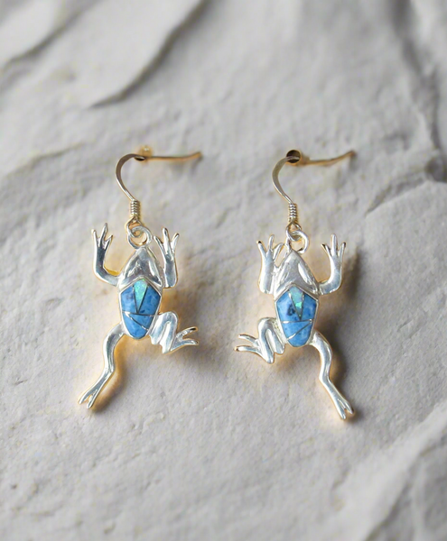 Sterling Silver Denim Lapis and Opal Inlay Frog Earrings STER042