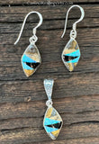 Sterling Silver Set Onix and Opal Inlay Pendant and Earrings STSPE003