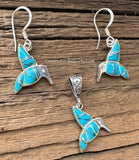 Sterling Silver Set Turquoise and Opal Inlay Humming Bird Pendant and Earrings STSPE008