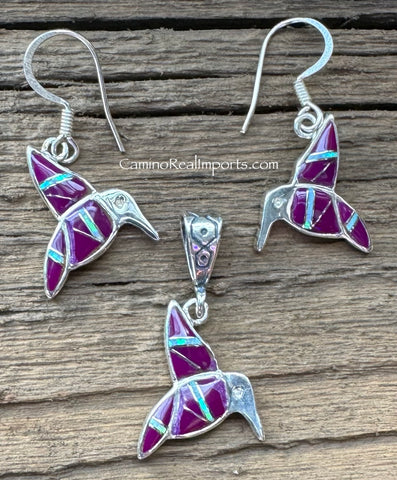 Sterling Silver Set Sugilite and Opal Inlay Humming Bird Pendant and Earrings STSPE007