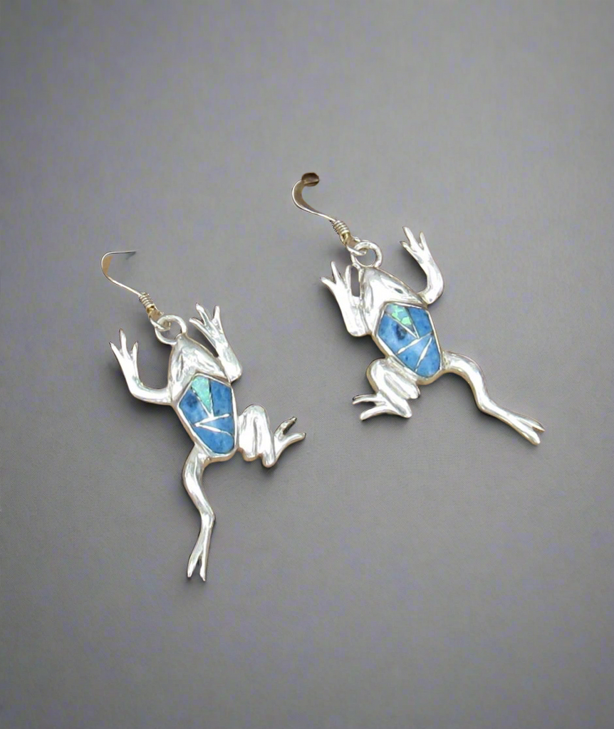 Sterling Silver Denim Lapis and Opal Inlay Frog Earrings STER042 Sterling Silver Denim Lapis and Opal Inlay Frog Earrings STER042