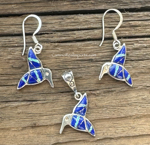 Sterling Silver Set Lapis Lazuli and Opal Inlay Humming Bird Pendant and Earrings STSPE009