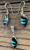 Sterling Silver Set Black Onix and Opal Inlay Pendant and Earrings STSPE006