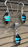 Sterling Silver Set Black Onix and Opal Inlay Pendant and Earrings STSPE006