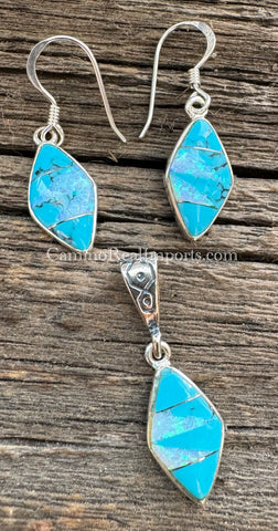 Sterling Silver Set Turquoise and Opal Inlay Pendant and Earrings STSPE001
