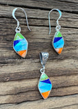 Sterling Silver Set Multi Stone Inlay Pendant and Earrings STSPE004