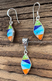 Sterling Silver Set Multi Stone Inlay Pendant and Earrings STSPE004