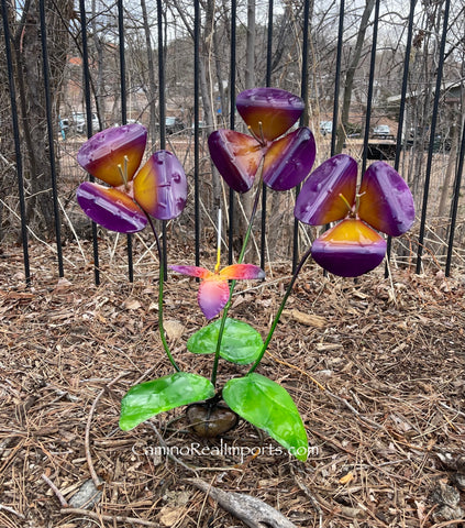 3 Metal Flowers With Butterfly Yard Or Garden Decor MRFB035