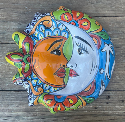 Mexican Wall Hanging Talavera Pottery Sun And Moon Face Eclipse 12" TSE003