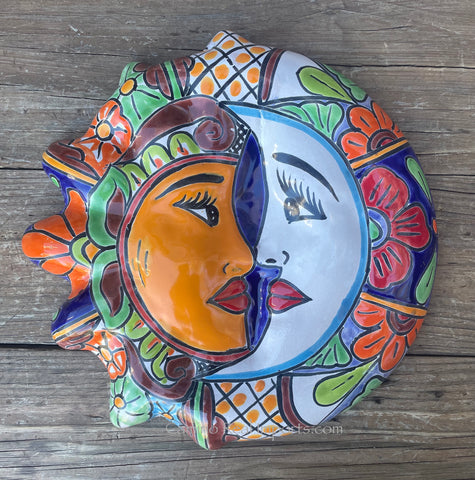 Mexican Wall Hanging Talavera Pottery Sun And Moon Face Eclipse 12" TSE007