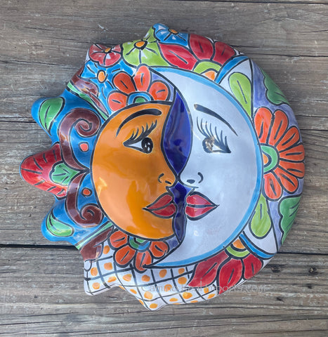 Mexican Wall Hanging Talavera Pottery Sun And Moon Face Eclipse 12" TSE009