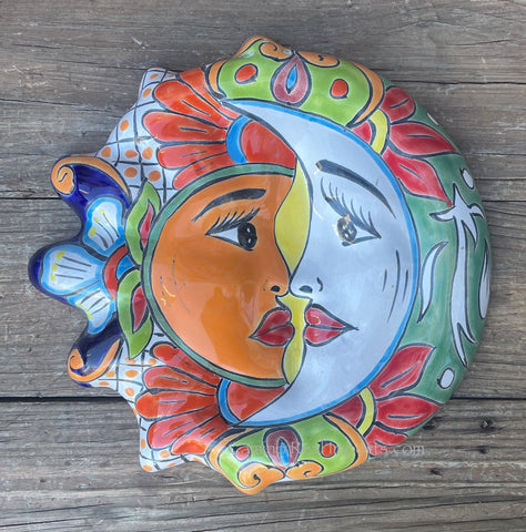 Mexican Wall Hanging Talavera Pottery Sun And Moon Face Eclipse 12" TSE010