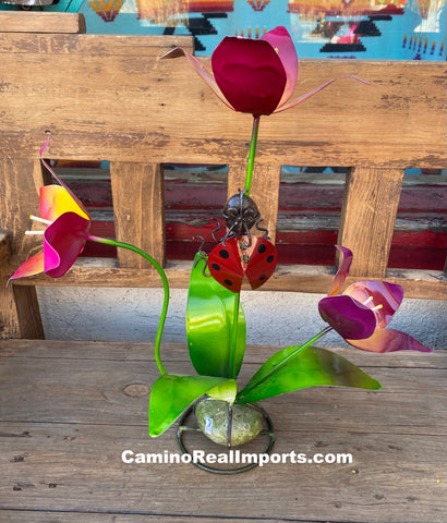 3 Metal Flowers with Ladybug Yard Or Garden Decor MRFB026