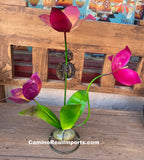 3 Metal Flowers with Ladybug Yard Or Garden Decor MRFB026