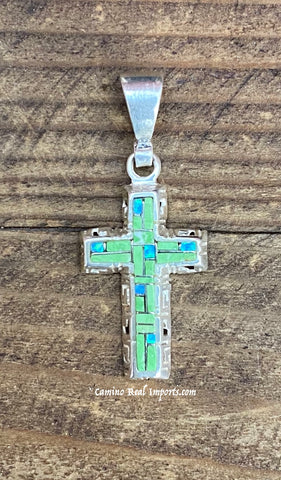 Sterling Silver Green Turquoise and Opal Inlay Cross Pendant STSP0020