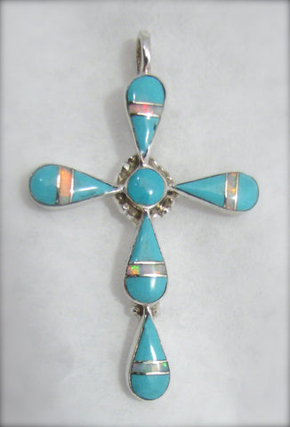 Turquoise and Opal Silver Cross Pendant TSC003