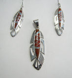 Sterling Silver Set Red Sponge Coral and Opal Inlay Feather Pendant and Earrings TSC012