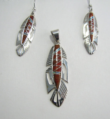 Sterling Silver Set Red Sponge Coral and Opal Inlay Feather Pendant and Earrings TSC012