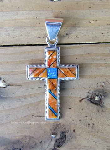 Sterling Silver Spiny Oyster and Opal Cross Pendant STSP0017