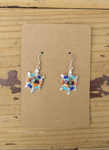 Sterling Silver Multi-Stone Inlay Turtle Earrings STER028