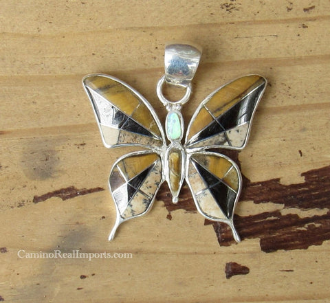 Sterling Silver Onyx and Opal Inlay Butterfly Pendant STSP0054