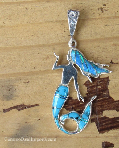 Sterling Silver Turquoise and Opal Inlay Mermaid Pendant STSP0060