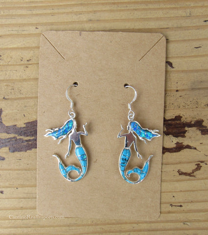Sterling Silver Turquoise and Opal Inlay Mermaid Earrings STER034
