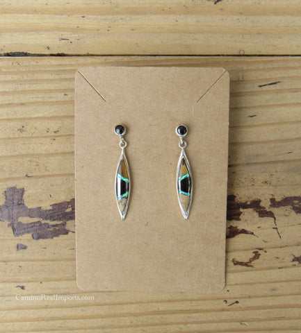 Sterling Silver Onyx and Opal Inlay Post Earrings STER039