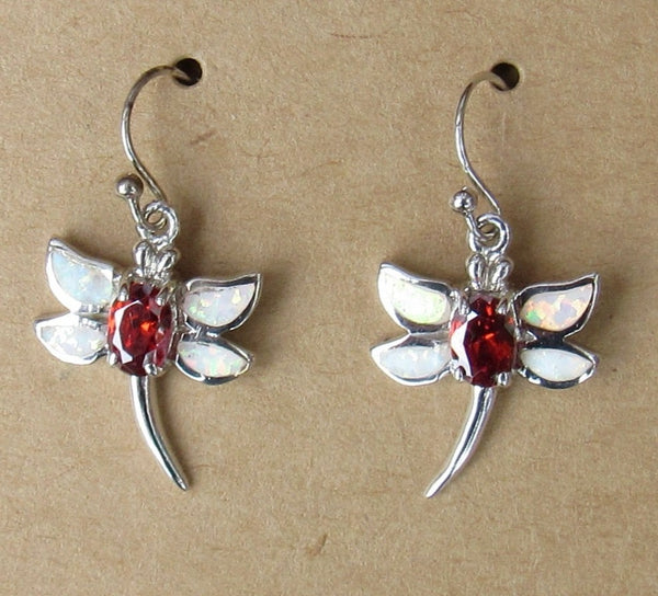 Sterling Silver Red Topaz and Opal Inlay Dragonfly Earrings STER040