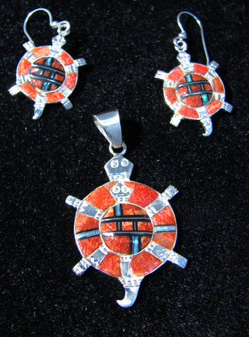 Sterling Silver Turtle Set Red Sponge Coral Pendant and Earrings TSC011