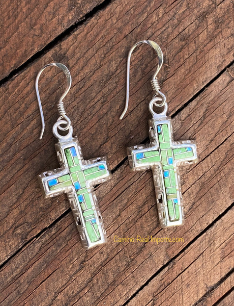 Sterling Silver Gaspeite and Opal Inlay Cross Earrings STER017